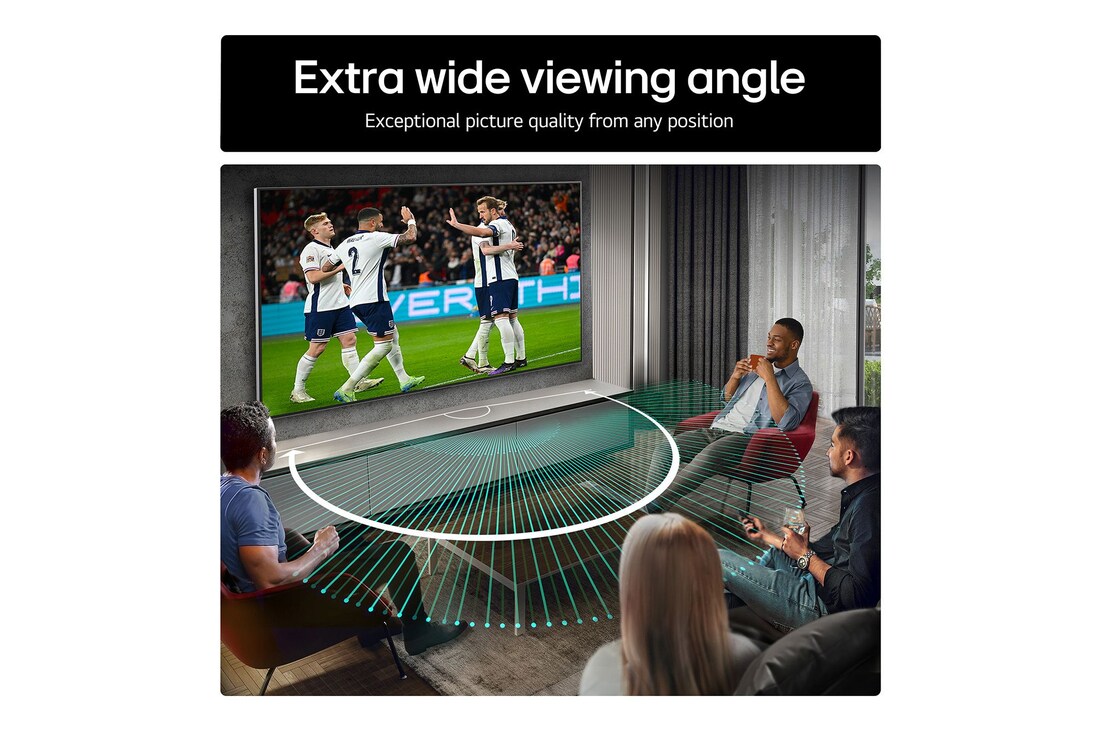 Living room space with a wall-mounted LG OLED TV. On the TV is a mountain range against a dark evening sky filled with stars. This scene is split in half. One side shows a duller, grayer version of the landscape labeled, Non Perfect Black display. On the other side is a more pleasing picture with a larger dynamic range of blacks and whites. This is labeled, Perfect Black display. Logo certification is also visible, Perfect Black Technology delivers black levels less than or equal to 0.24 nit up to 500 lux. 