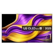 Front view of LG OLED evo AI C5 4K Smart TV. 12 Years of world number 1 OLED emblem and LG OLED evo AI 2025 logo are on the screen.