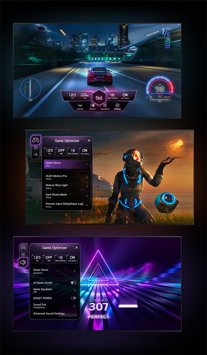 Three game screens are shown against a black gradient background. One shows a car racing game with the Game Dashboard hovering over the action. Another shows a Sci-Fi game with the Game Optimizer menu. And the last screen shows Game Optimizer's Game Tab over a music game.