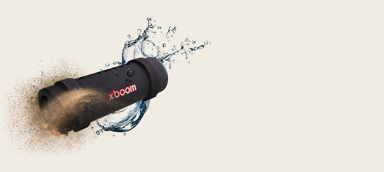 xboom Grab is placed in a hexagonal form and behind it there's a bunch of soil on the left and splash of water on the right.