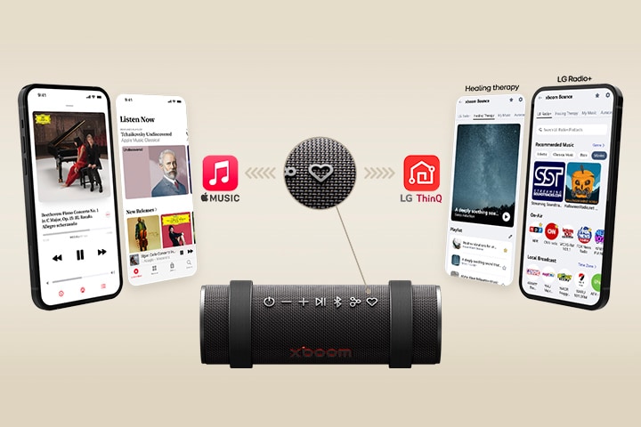 A phone with an app image in it and a virtual app image are shown on each left and right side. Apple music's app images and logo are on the left side while LG ThinQ app images and logo are on the right side. At the botoom xboom Grab's top part is shown with its "my button" emphasized.
