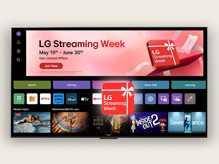Màn hình chính webOS của LG được đặt với hộp màu đỏ có dòng chữ "LG Streaming Week"