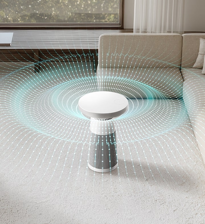 Hình ảnh loa LG Aerospeaker trong phòng khách với sóng âm được hiển thị, làm nổi bật chức năng loa sống động.