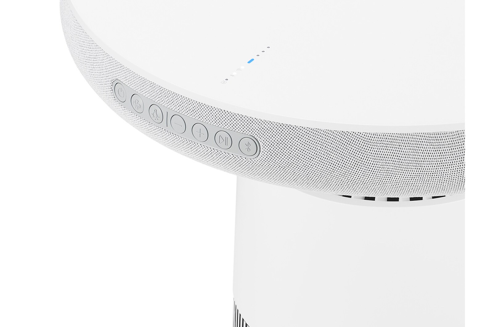 Góc nhìn từ dưới lên của LG PuriCare™ Aerospeaker cho thấy lưới loa và vòng đèn LED