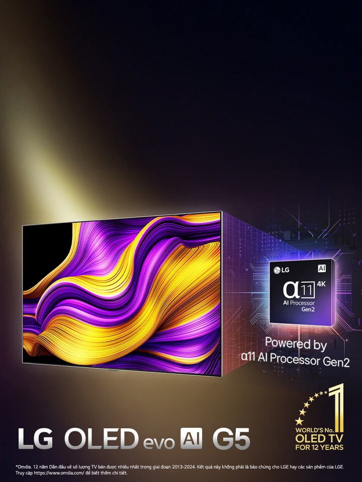 Trên màn hình TV LG OLED evo AI chiếu hình ảnh trừu tượng với chi tiết, màu sắc và độ tương phản ấn tượng. Phiên bản Bộ xử lý AI alpha 11 Gen2 phóng to phía sau TV. Bộ xử lý phát sáng tỏa ra các mạch vi mạch xung quanh. Tiêu đề hiển thị LG OLED evo AI. Hiển thị dòng chữ: được hỗ trợ bởi bộ xử lý LG AI alpha 11 Gen2. Logo màu vàng có các ngôi sao nằm ở góc cùng dòng chữ: OLED TV số 1 thế giới trong 12 năm.