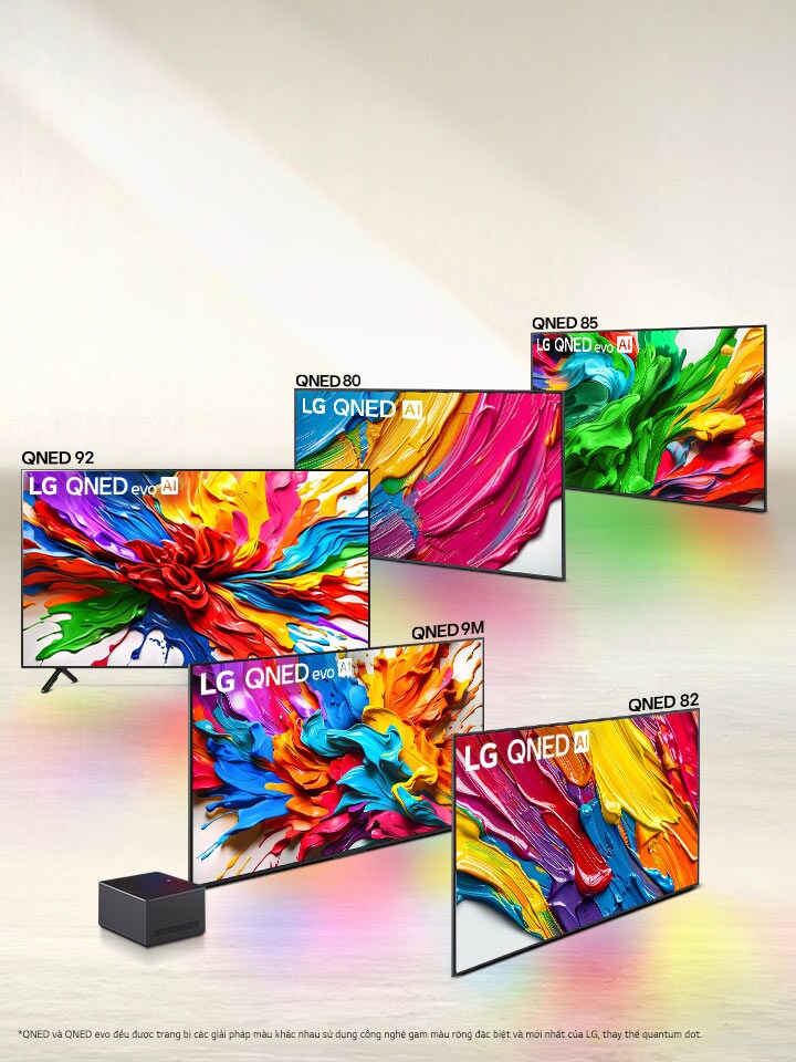 Dòng sản phẩm gồm năm TV LG QNED evo AI trong đội hình, TV QNED80, QNED85, QNED92, QNED9M có Hộp kết nối không dây, QNED82. 