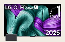LG Wireless OLED TV có tác phẩm nghệ thuật chi tiết đầy màu sắc với tiêu đề LG OLED evo AI 2025 và biểu tượng OLED TV số 1 thế giới trong 12 năm trên màn hình. Hộp kết nối không dây nằm ở phía trước.