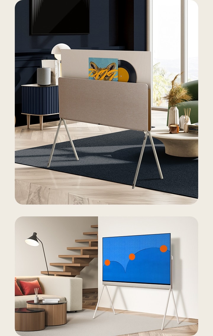 Hai không gian sống khác nhau. Ở không gian này có thể thấy hình ảnh mặt sau trang nhã của LG OLED Objet Collection Posé TV. Ở không gian kia là mặt trước TV hiển thị hình ảnh nghệ thuật trên màn hình.