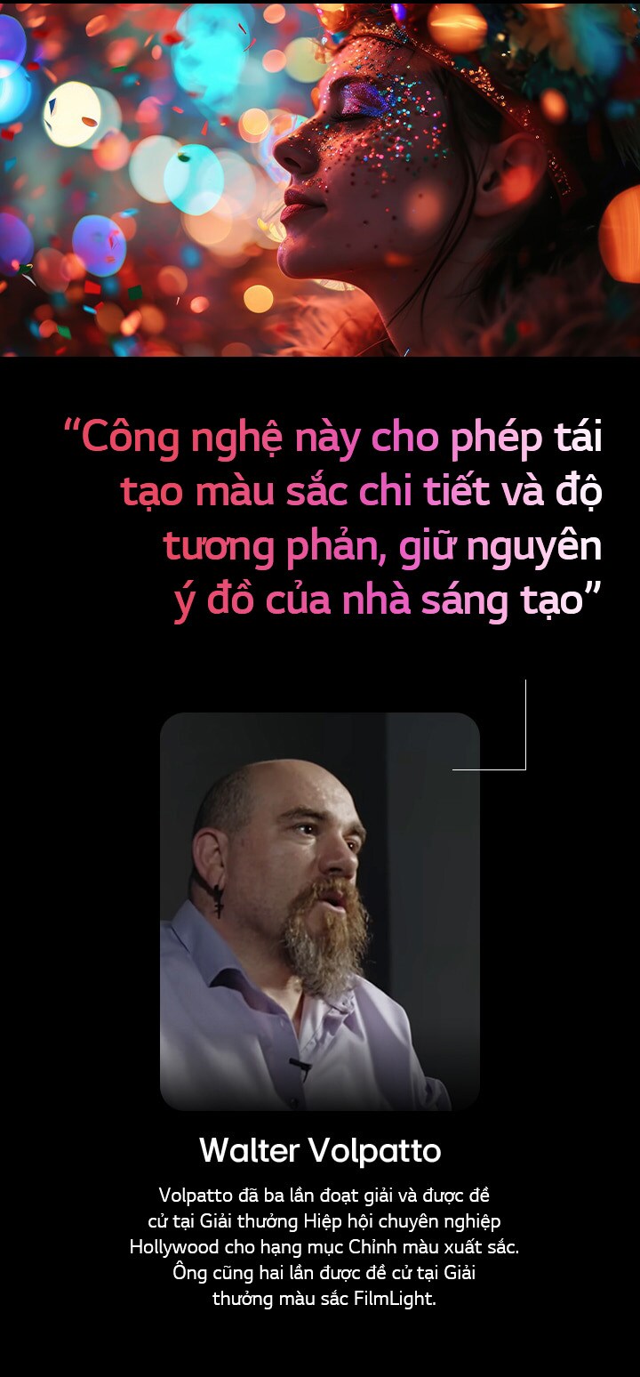 Chủ thể con người trên nền đa màu sắc được lấy nét theo kiểu bokeh. Câu trích dẫn của nhà quay phim xuất chúng Walter Valpatto bàn về AI Director Processing được làm nổi bật: Công nghệ này cho phép tái tạo màu sắc và độ tương phản chi tiết, giữ nguyên ý đồ của nhà sáng tạo.