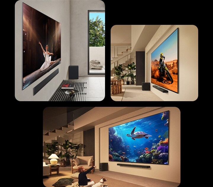 Phòng khách khác nhau có LG TV siêu lớn treo tường khác nhau. Trong mỗi căn phòng này, TV siêu lớn được ghép nối với LG Soundbar.