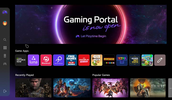 Màn hình chính của Gaming Portal. Con trỏ di chuyển và nhấp để hiển thị nhiều tựa game phổ biến kèm theo chức năng bổ sung cho phép chọn trò chơi dựa trên loại bộ điều khiển đang sử dụng, cho dù là tay cầm chơi game hay điều khiển từ xa. 