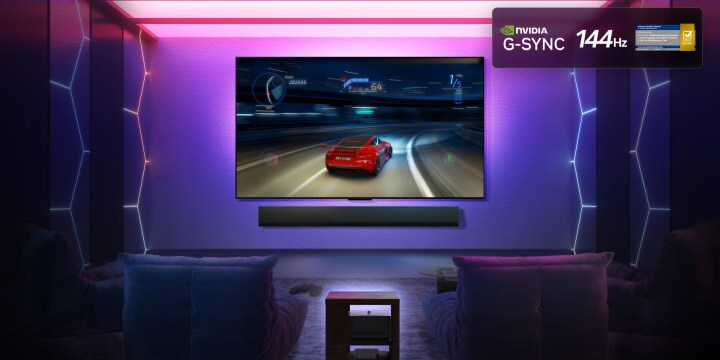 TV LG OLED M5 với trò chơi trên màn hình cho thấy lối chơi mượt mà và liền mạch. Zero Connect Box xuất hiện hòa hợp với không gian một cách tinh tế. Logo Nvidia G-Sync và logo 144Hz cùng chứng nhận chơi game xuất hiện.