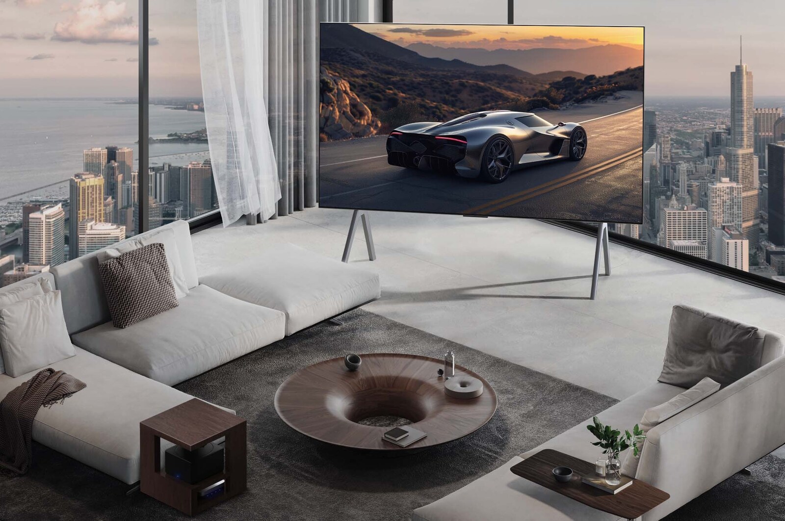 Wide view of a living room inside a premium home, a man is watching a movie on his wall-mounted LG OLED TV. The TV's design blends elegantly with the wall and the interior design.