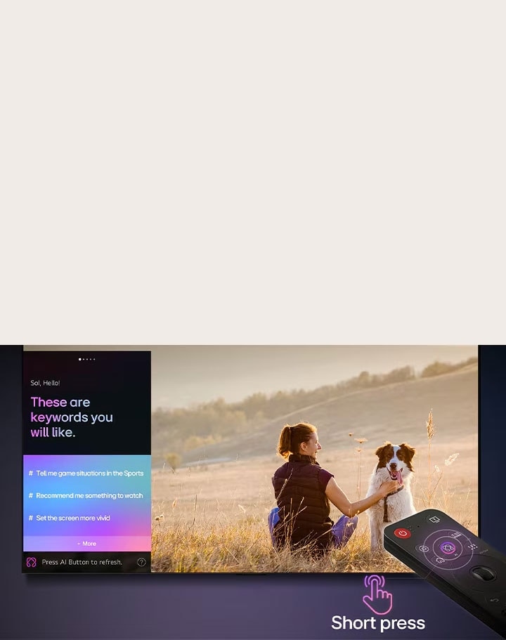 Điều khiển LG AI Magic đặt trước màn hình TV LG. Trên màn hình hiển thị lời chào từ LG AI cùng các từ khóa được cá nhân hóa dựa trên lịch sử tìm kiếm và xem của người dùng. Bên cạnh điều khiển là biểu tượng và nhãn hiển thị tính năng AI Concierge, cho thấy cách truy cập dễ dàng chỉ với một lần nhấn nút AI.