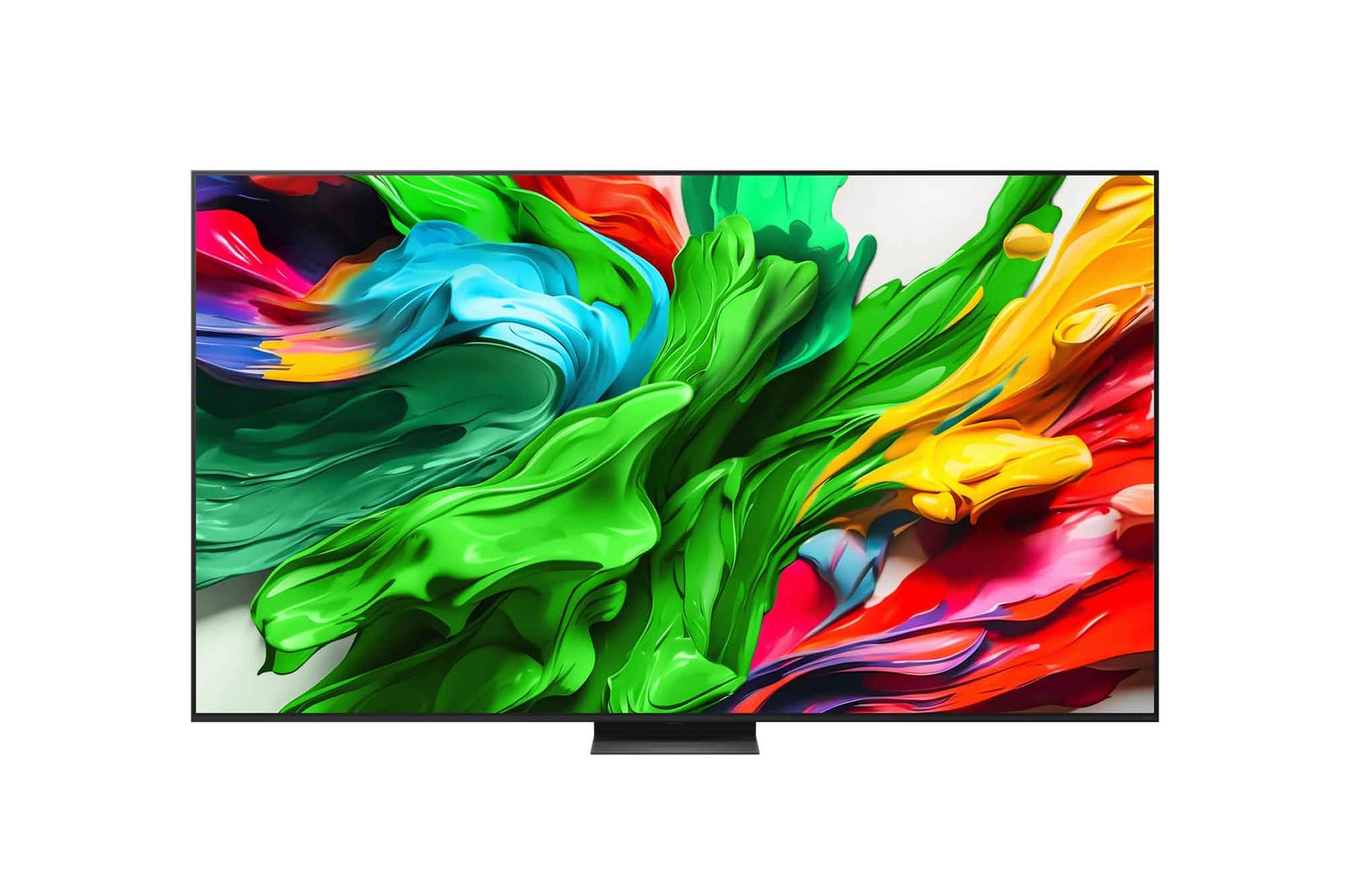 Front view of LG QNED evo TV, LG QNED evo Al Logo on the top corner. LG QNED evo TV depicts colorful paintike textures coming together.
