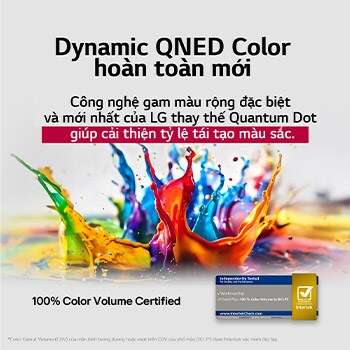 Giọt sơn nhiều màu sắc bắn tung từ sàn nhà lên. Chứng nhận Intertrek cho 100% dải màu đến DCI-P3. Tiêu đề nói về công nghệ gam màu rộng độc đáo mới của LG mang đến màu sắc sống động trên màn hình.