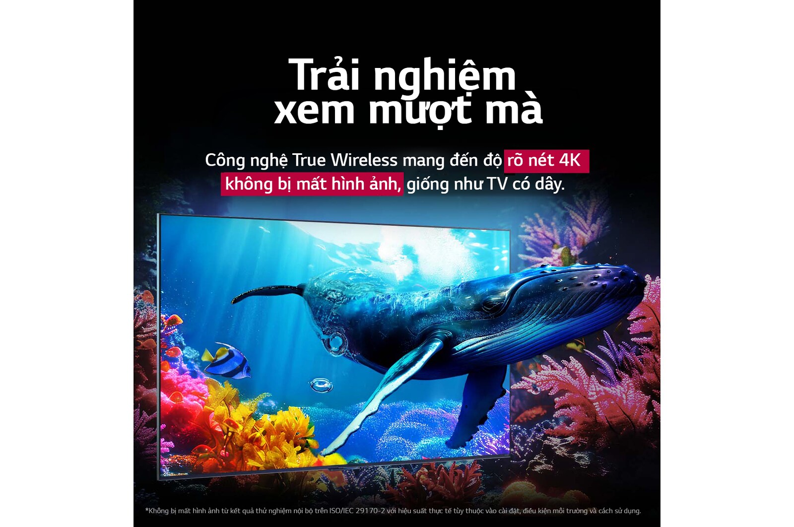 Một con cá voi bơi về phía người xem thông qua QNED9M đặt giữa rạn san hô trong đại dương. Văn bản nói về mức độ ấn tượng của chi tiết thể hiện chất lượng 4K không bị mất hình ảnh. 