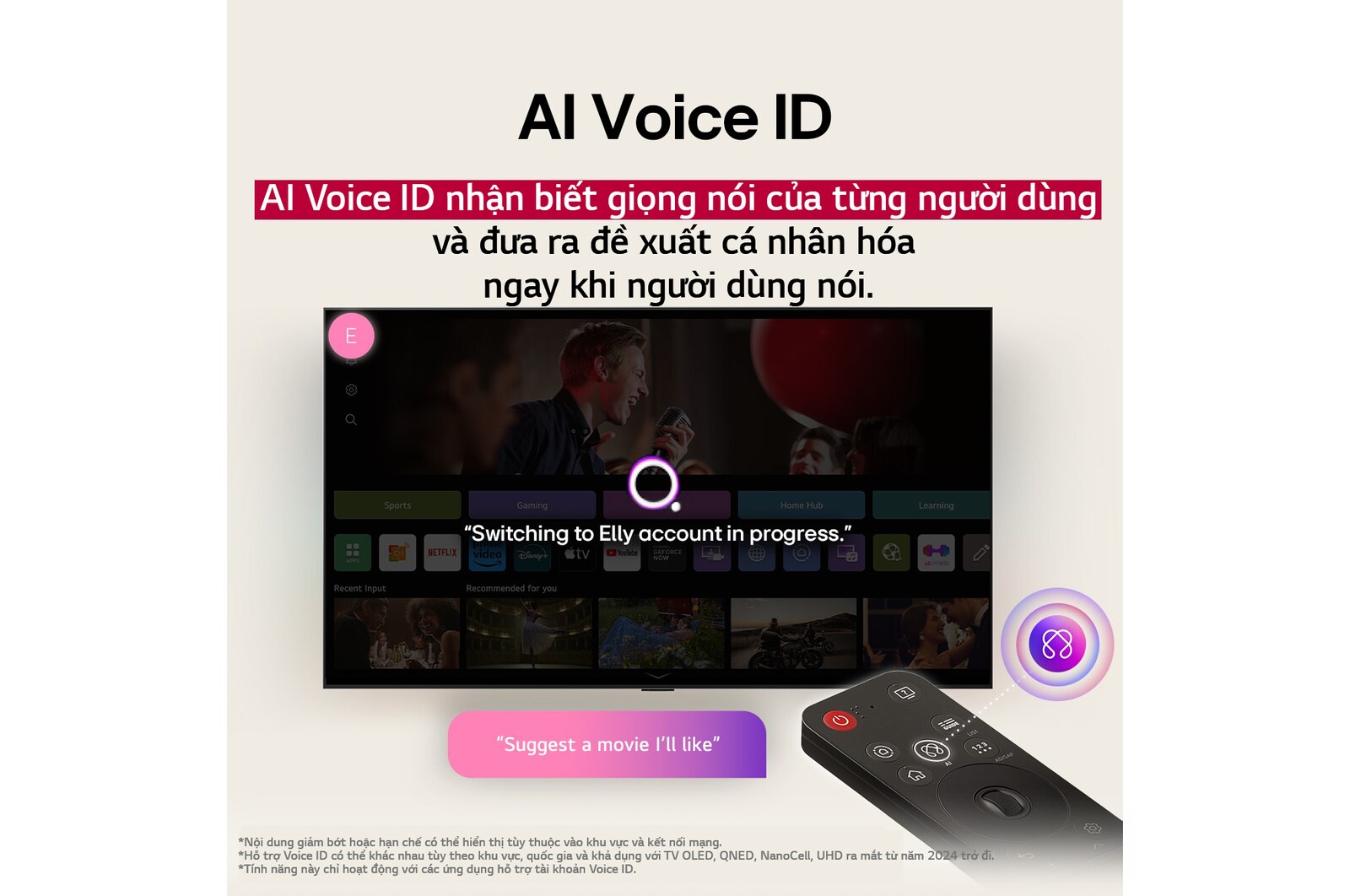 Màn hình LG TV với AI Magic Remote ở phía trước. Nút AI được tô sáng và bong bóng thoại hiển thị văn bản, đề xuất bộ phim tôi thích. Trên màn hình, chúng tôi thấy biểu tượng người dùng E, cho biết cách AI Voice ID có thể xác định người dùng đó là ai và đưa ra các đề xuất được cá nhân hóa chỉ dựa trên giọng nói của họ. 