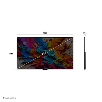 Front view and side view of LG QNED evo AI QNED9M 4K Smart TV showing its length, width, height, and depth dimensions.