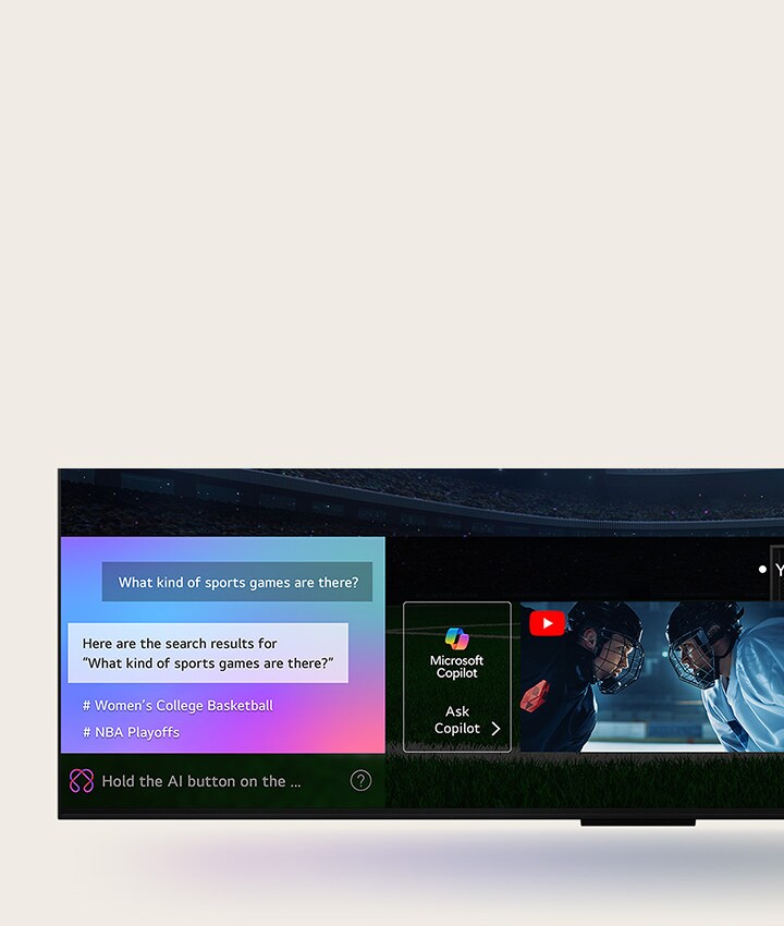 Màn hình TV LG QNED hiển thị cách AI Search hoạt động. Một cửa sổ chat nhỏ mở ra, cho thấy người dùng đặt câu hỏi về các trận đấu thể thao có sẵn. AI Search phản hồi qua cuộc trò chuyện và hiển thị hình thu nhỏ của các nội dung phù hợp. Đồng thời, trên màn hình cũng xuất hiện gợi ý đặt câu hỏi cho Microsoft Copilot.