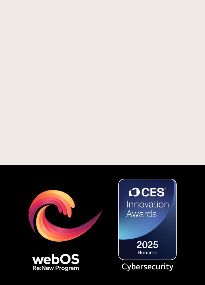 Logo và tên webOS Re:New Program cùng với huy hiệu CES Innovation Awards 2025 Honoree ở gần đó.