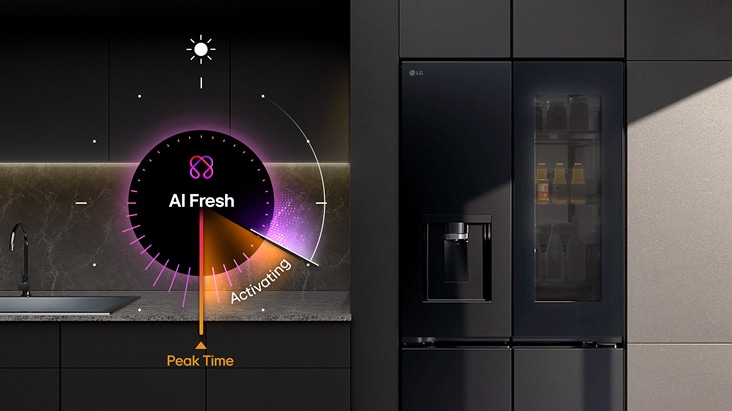 Tủ lạnh LG với hình minh họa tính năng AI Fresh hiển thị biểu đồ tròn điều chỉnh khả năng làm mát trước thời gian sử dụng cao điểm