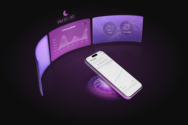 Điện thoại thông minh hiển thị phân tích ứng dụng LG ThinQ với bảng giao diện màu tím nổi hiển thị biểu đồ Chế độ lưu AI và biểu tượng tính năng