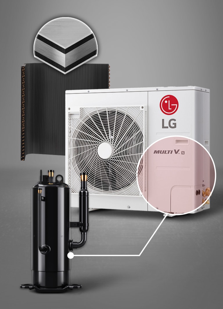 Hiển thị các bộ phận của LG MULTI V S bao gồm thiết bị bên ngoài nhỏ gọn, cánh tản nhiệt màu đen và máy nén dọc màu đen.