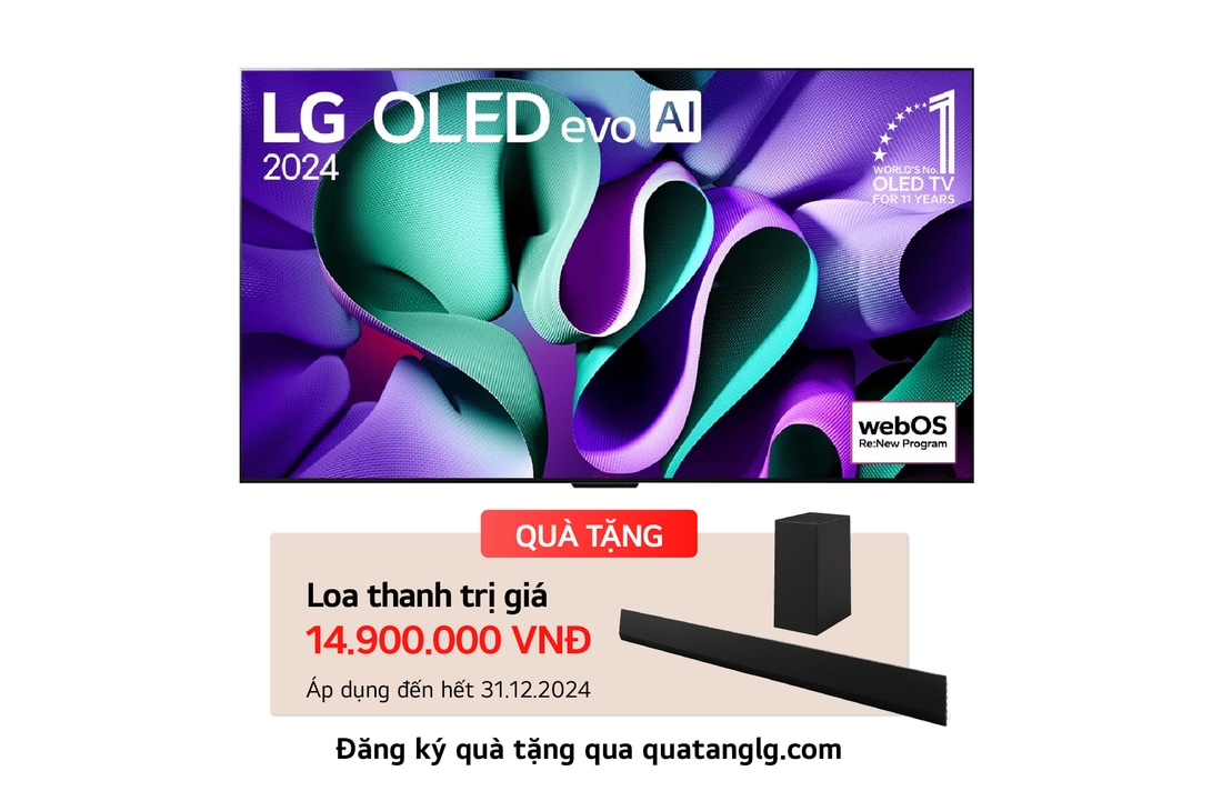 Hình ảnh mặt trước với TV LG OLED evo AI, OLED M4, Hình ảnh biểu tượng OLED 11 năm đứng đầu thế giới, logo webOS Re:New Program và Hộp kết nối không dây với khả năng truyền video và âm thanh 4K 144 Hz không dây tới TV và hình tín hiệu Wi-Fi phát ra từ hộp