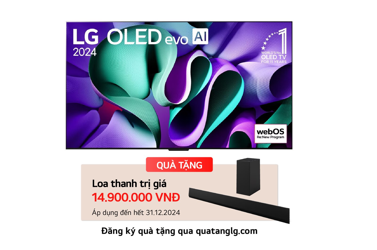 Hình ảnh mặt trước với TV LG OLED evo AI, OLED M4, Hình ảnh biểu tượng OLED 11 năm đứng đầu thế giới, logo webOS Re:New Program và Hộp kết nối không dây với khả năng truyền video và âm thanh 4K 144 Hz không dây tới TV và hình tín hiệu Wi-Fi phát ra từ hộp