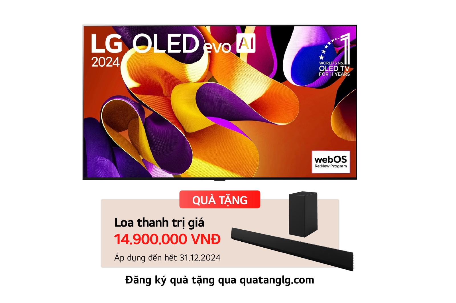 Hình ảnh mặt trước với TV LG OLED evo AI, OLED G4, Hình ảnh biểu tượng OLED 11 năm đứng đầu thế giới và logo webOS Re:New Program trên màn hình