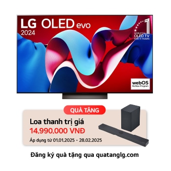 Hình ảnh mặt trước với TV LG OLED evo AI, OLED C4, Hình ảnh biểu tượng OLED 11 năm đứng đầu thế giới và logo webOS Re:New Program trên màn hình