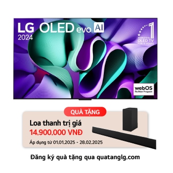 Hình ảnh mặt trước với TV LG OLED evo AI, OLED M4, Hình ảnh biểu tượng OLED 11 năm đứng đầu thế giới, logo webOS Re:New Program và Hộp kết nối không dây với khả năng truyền video và âm thanh 4K 144 Hz không dây tới TV và hình tín hiệu Wi-Fi phát ra từ hộp