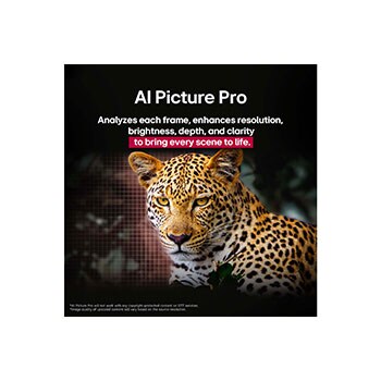 Leopard in the forest in vivid color and detail. The leopard has a grid and a light glowing behind it, indicating how LG AI Picture Pro made impressive visual enhancements to the scene's resolution, brightness, depth, and clarity.