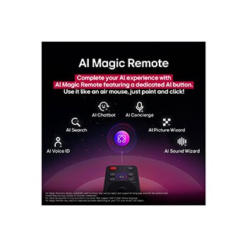LG AI Magic Remote in the foreground. The AI button icon is highlighted. In the background is the LG webOS UI. The mouse cursor implies that the remote is in use. Text explains how the remote's functions and controls make navigating webOS easy. 