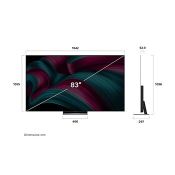 Front view and side view of LG OLED evo AI C5 4K Smart TV showing its length, width, height, and depth dimensions.