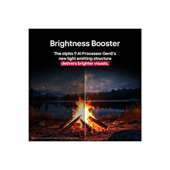 Campfire at night in the middle of nature. In the distance is a forest and lake. The evening sky is filled with stars. The whole scene is split in half. One side is darker and duller. The other half is remarkably brighter, showcasing the impressive brilliance from Brightness Booster. 