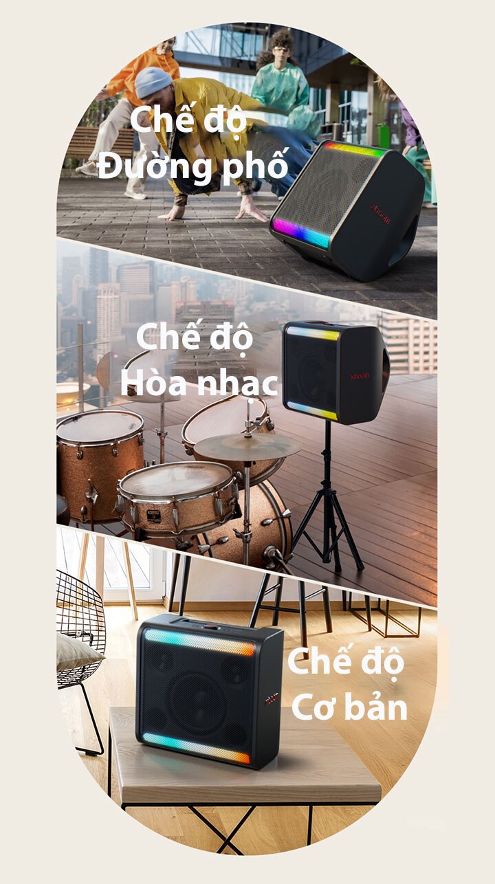 Trong hình bên trái, xboom Stage 301 được đặt trên mặt đất phía trước các vũ công. Trong bức hình giữa, xboom Stage 301 được đặt trên giá đỡ bên cạnh bộ trống. Ở bức hình bên phải, xboom Stage 301 lại được đặt trên chiếc bàn trong phòng khách.