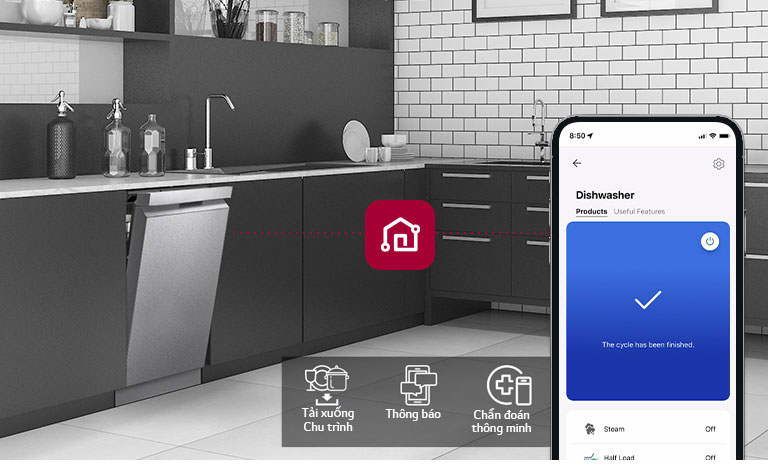 LG ThinQ™ trong nhà bếp cùng với 3 tính năng ứng dụng: Tải xuống Chu trình, Thông báo và Chẩn đoán thông minh.