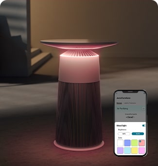 Trong không gian tối, sản phẩm phát ra ánh sáng màu theo tâm trạng. Bằng ThinQ, bạn có thể điều chỉnh màu sắc của ánh sáng.