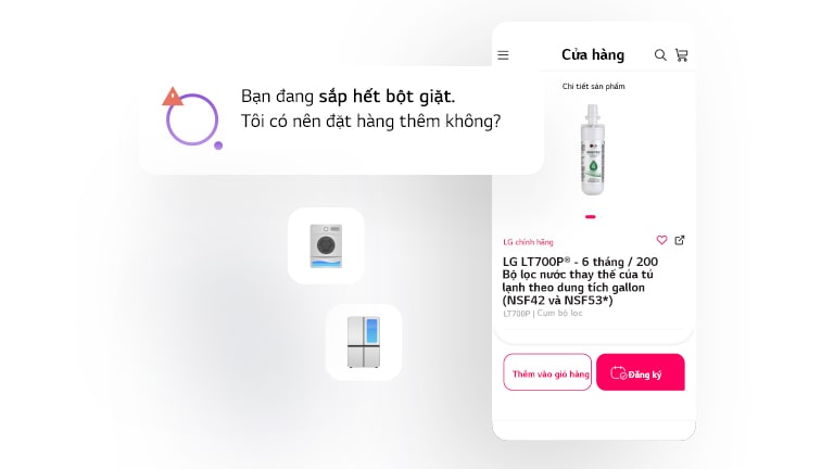 Hình ảnh cho thấy màn hình ứng dụng LG ThinQ hiển thị các thông báo khác nhau để bổ sung vật tư cho ngôi nhà của bạn.