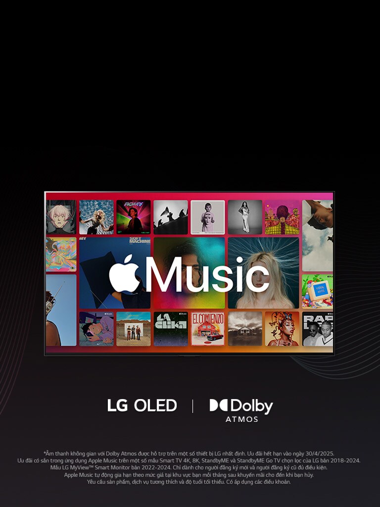 Bố cục lưới gồm các album có logo Apple Music phủ bên trên, bên dưới có Logo LG OLED và Dolby Atmos.