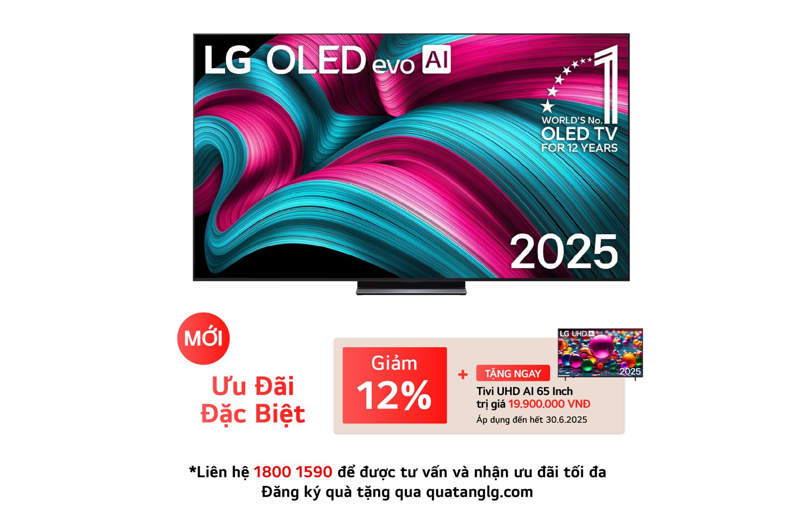 Front view of LG OLED evo AI C5 4K Smart TV. 12 Years of world number 1 OLED emblem and LG OLED evo AI 2025 logo are on the screen.