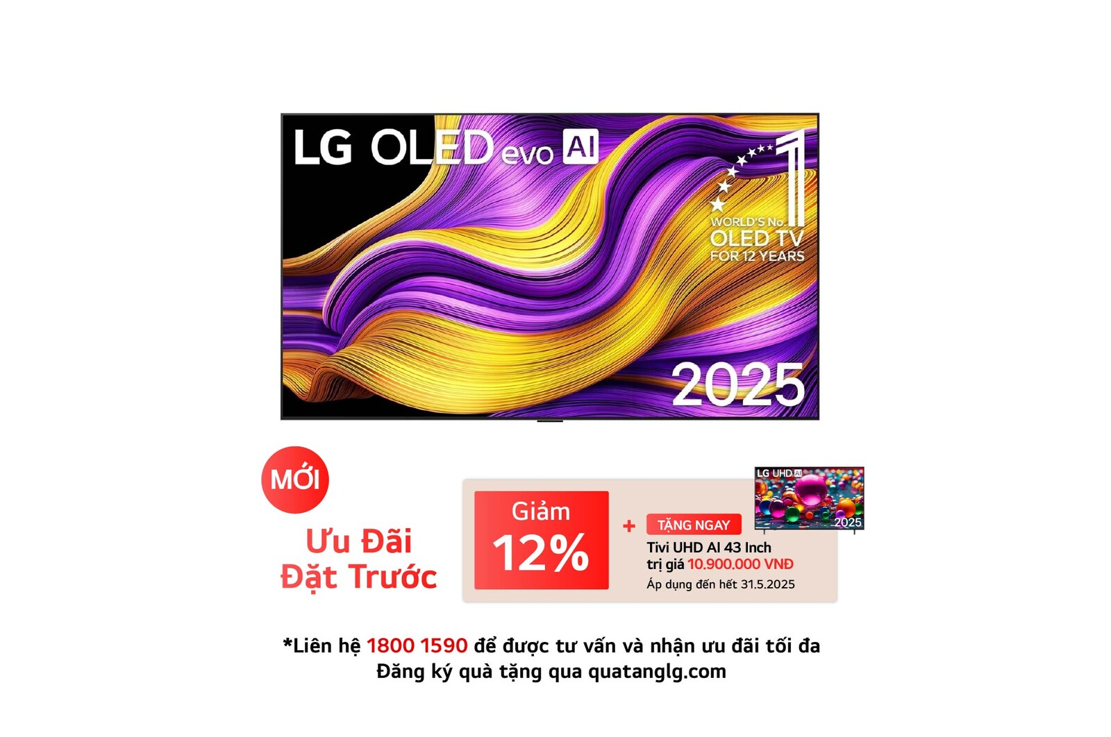 Front view of LG OLED evo AI G5 4K Smart TV. 12 Years of world number 1 OLED emblem and LG OLED evo AI 2025 logo are on the screen.