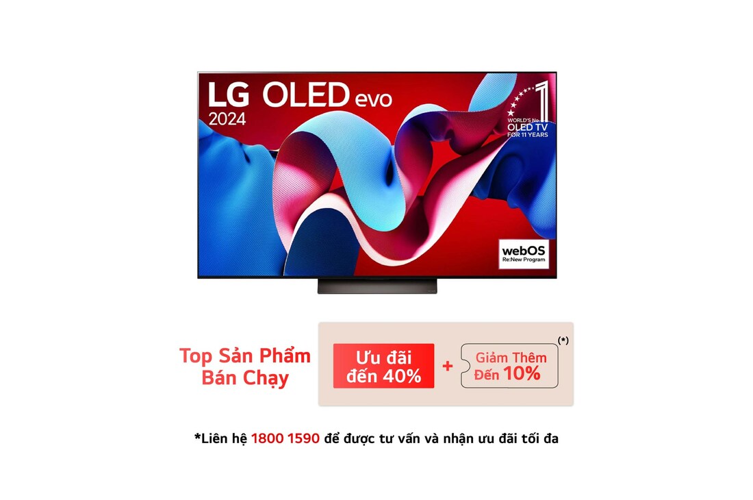 Hình ảnh mặt trước với TV LG OLED evo AI, OLED C4, Logo biểu tượng OLED 11 năm đứng đầu thế giới và logo webOS Re:New Program trên màn hình, cùng với Soundbar ở bên dưới