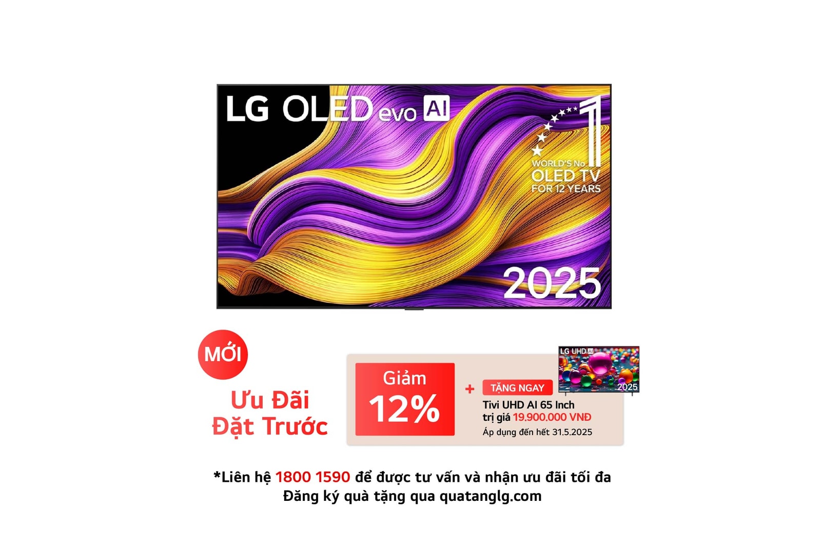 Front view of LG OLED evo AI G5 4K Smart TV. 12 Years of world number 1 OLED emblem and LG OLED evo AI 2025 logo are on the screen.