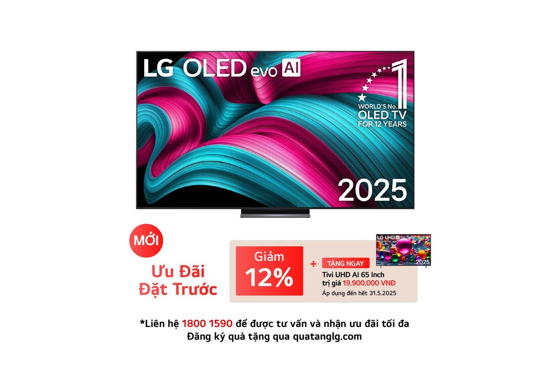 Front view of LG OLED evo AI C5 4K Smart TV. 12 Years of world number 1 OLED emblem and LG OLED evo AI 2025 logo are on the screen.
