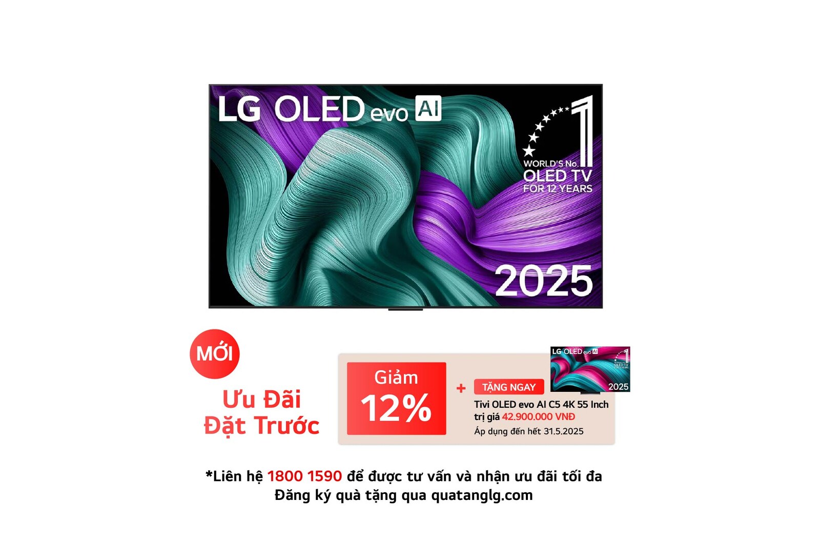 Front view of LG OLED evo AI G5 4K Smart TV. 12 Years of world number 1 OLED emblem and LG OLED evo AI 2025 logo are on the screen.