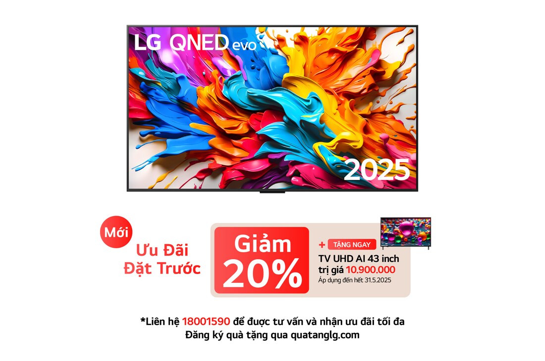 Front view of LG QNED evo AI QNED9M TV. LG QNED evo AI Logo on the. op corner. LG QNED evo TV depicts colorful paintike textures coming together. Zero Connect Box in the corner with the title, Zero Connect Box with 4K 144Hz wireless video & audio transfer.