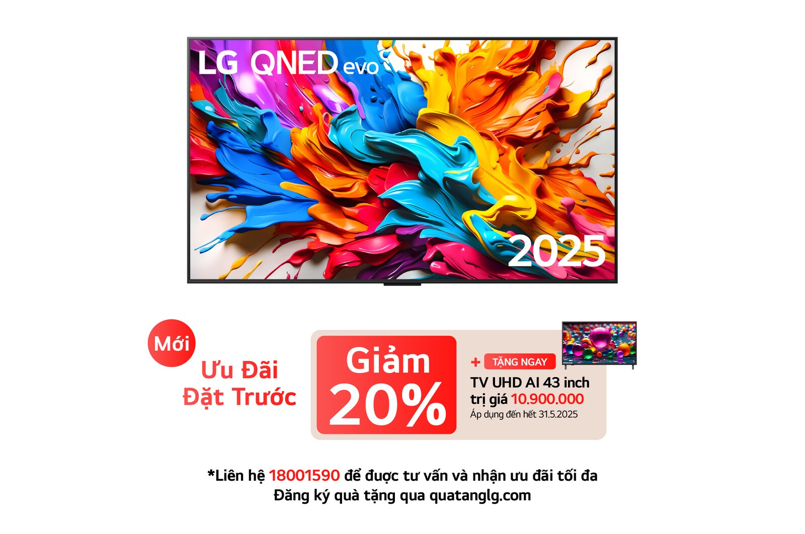Front view of LG QNED evo AI QNED9M TV. LG QNED evo AI Logo on the. op corner. LG QNED evo TV depicts colorful paintike textures coming together. Zero Connect Box in the corner with the title, Zero Connect Box with 4K 144Hz wireless video & audio transfer.